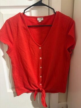 J. Crew Bright Red Tie-Front Button V-Neck Blouse